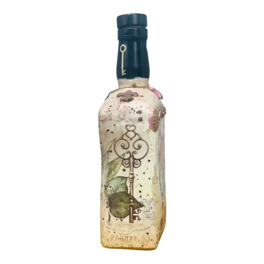 Up cycled Decanter Bottle Mixed Media Peep Keyhole Clay Hand Painted Butterfly - Picture 7 of 16